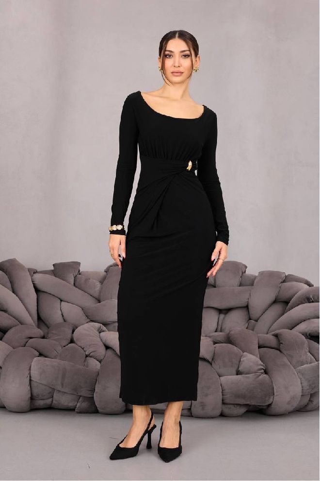 Mistix فستان أسود أنيق بوديكون ميدي برقبة قارب ملابس بالجملة كلاسيكي