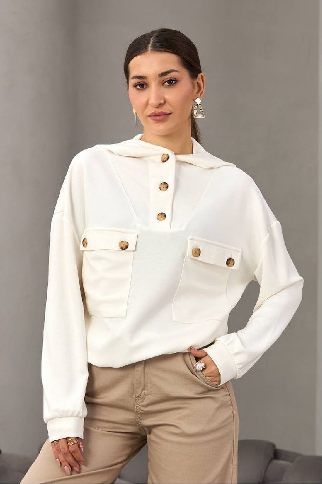 Mistix Biela Neformálna Blúzka S Kapucňou A Dlhými Rukávmi Veľkoobchod s oblečením Skromný