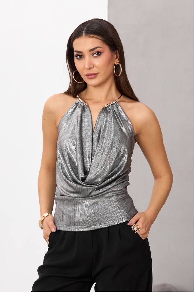 Mistix Silver Slim Fit Halter Neck Blouse Wholesale Clothing Sexy