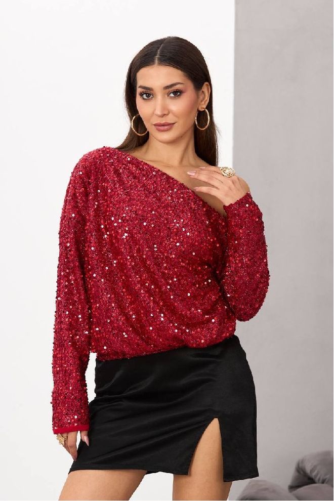 Mistix Bluza Bordo Crvena Sa Šljokicama I Vratom Na Jedno Rame Veleprodaja odjeće Sexy