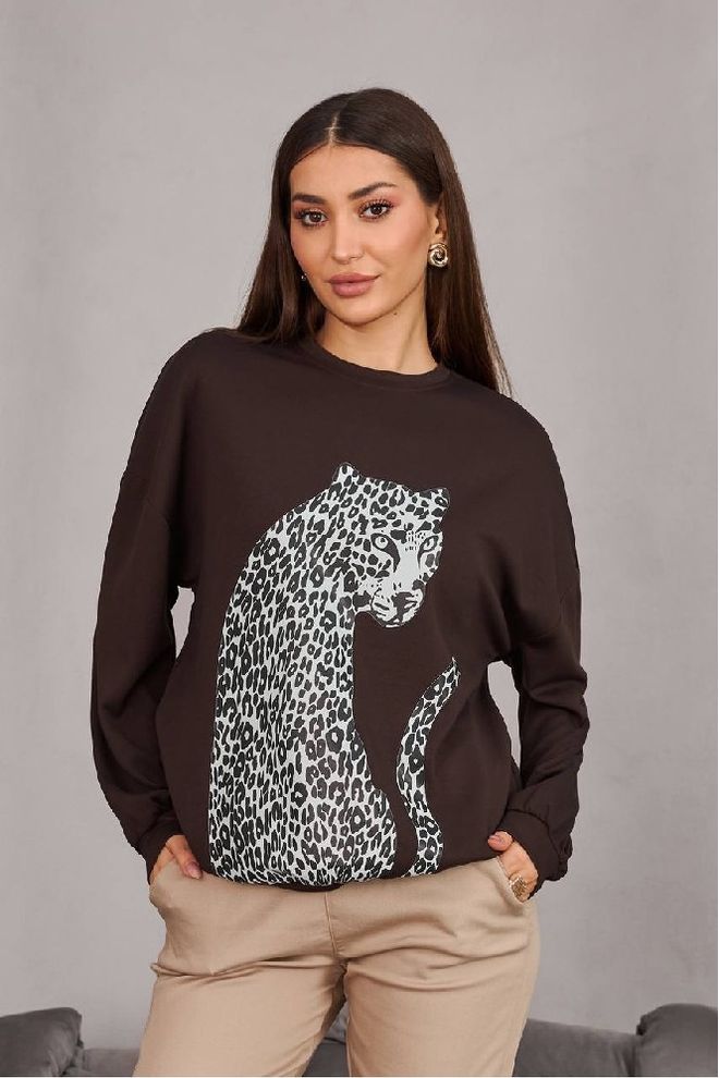 Mistix Kahverengi Gündelik Bol Kalıp Hayvan Baskılı Bluz Toptan Giyim Gündelik