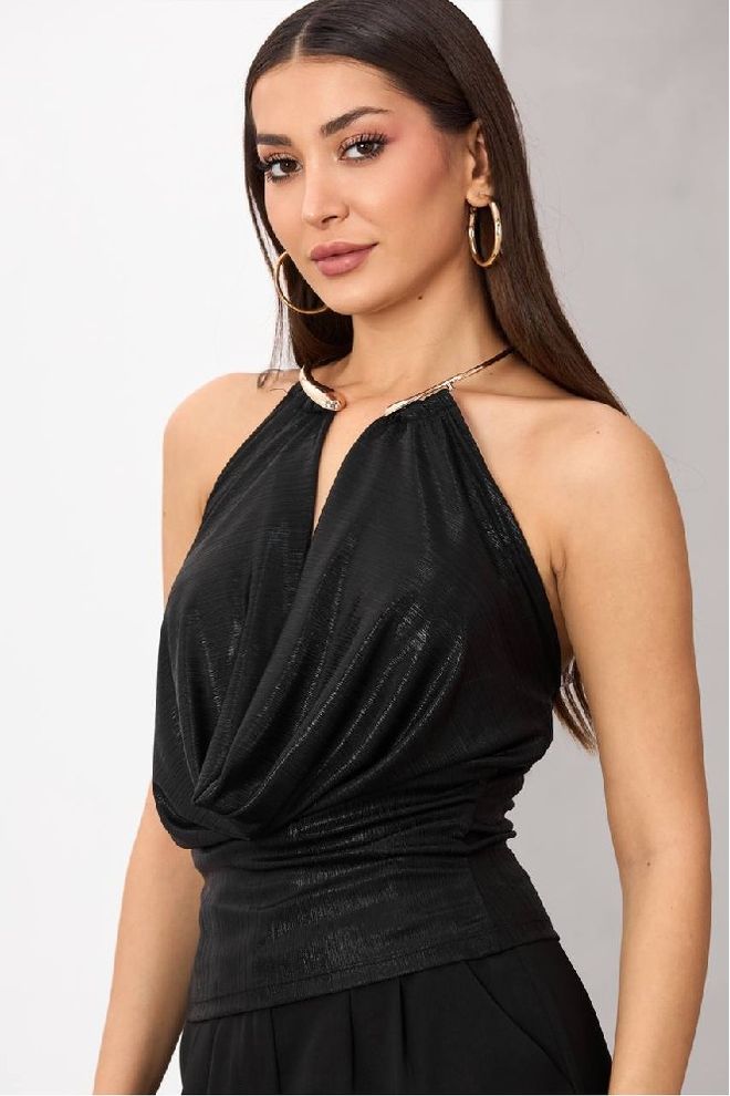 Mistix Schwarz Slim Fit Neckholder Bluse Mit Kappenärmel Ärmellos Großhandelskleidung Lässig