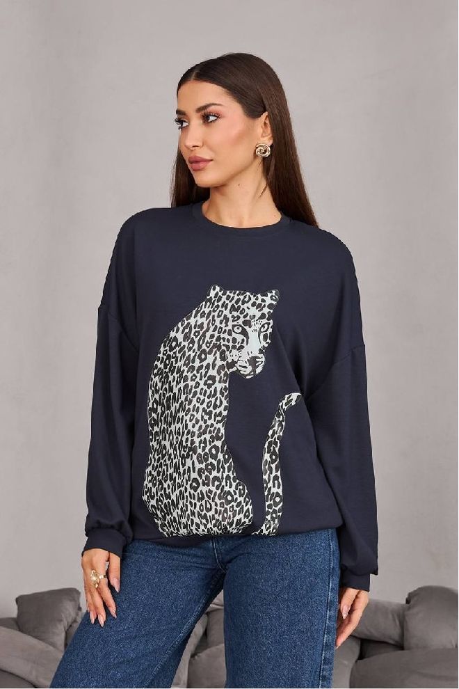 Mistix Блузка Темно синяя С Леопардовым Принтом Свободного Кроя Оптовая продажа одежды Повседневный