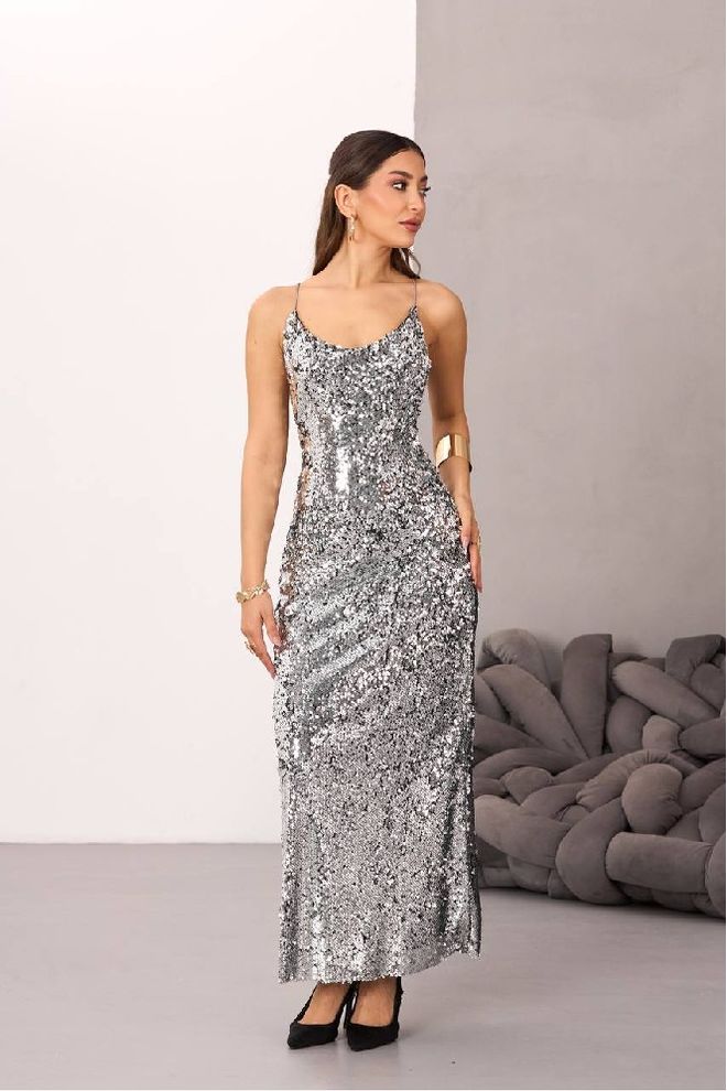 Mistix Сребрист Глем Елегантен Рокля Тип Комбинезон С Пайети Дрехи на едро Секси
