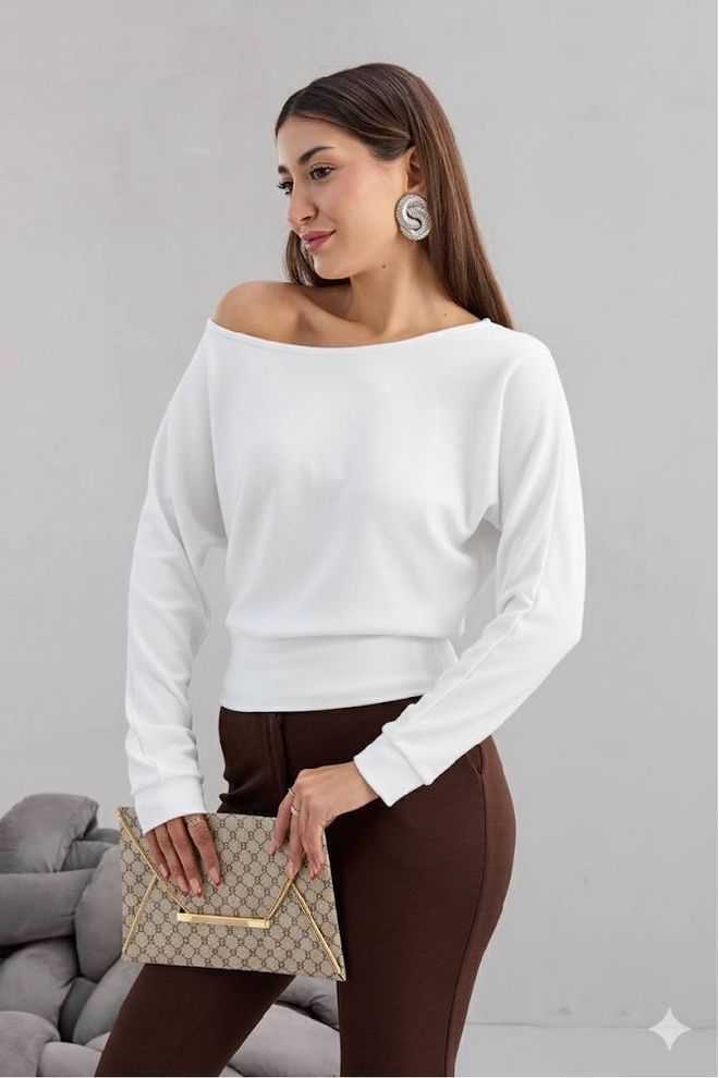 Mistix Bela Ozek Kroj Bluza Brez Ramen Oblačila na debelo Ležerno