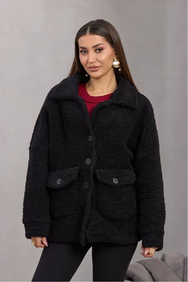 Mistix Crna Teddy Jakna S Urezanim Ovratnikom I Džepom S Preklopom Veleprodaja odjeće Skroman