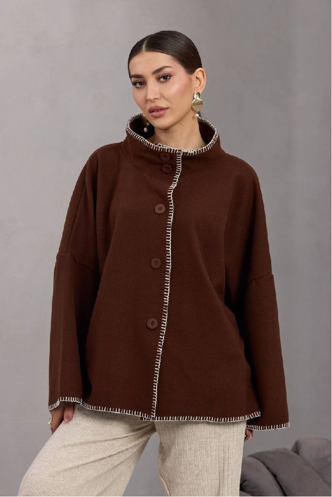 Mistix Кафяво Блуза С Уголемена Кройка Висок Яка И Дълги Прави Ръкави Дрехи на едро Скромна мода