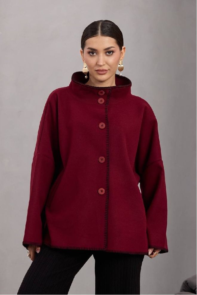 Mistix Chemisier Rouge Bordeaux Grande Taille Manches Longues Manches Droites Col Haut Vêtements en gros Décontracté