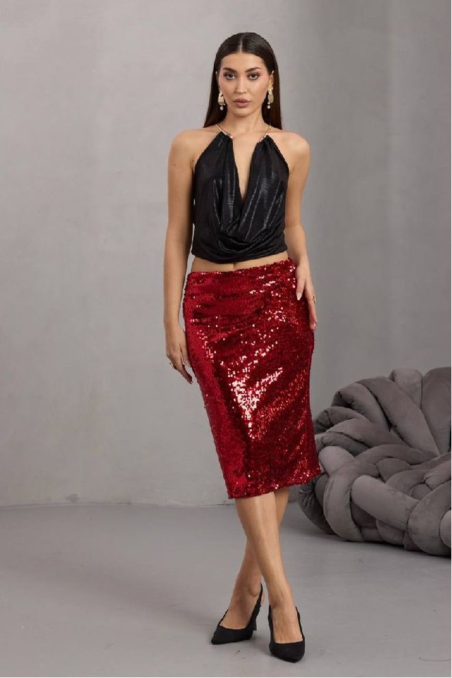 Mistix Midi Potloodrok Bordeaux Met Pailletten En Mid Taille Groothandel Kleding Sexy