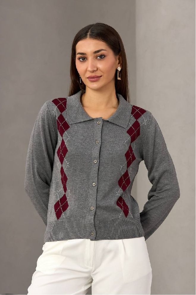 Mistix Γκρι Μπλούζα Με Γιακά Πόλο Και Μακριά Μανίκια Σε Σχέδιο Καρό Χονδρικό εμπόριο ενδυμάτων Casual