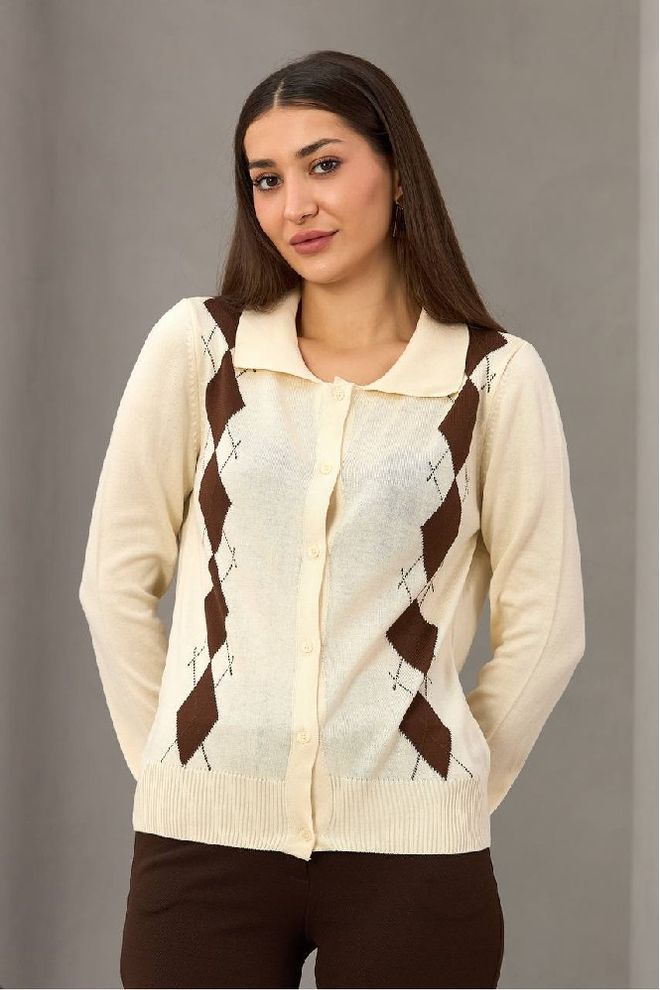 Mistix Blusa Bege Vintage Argyle Com Gola Polo Roupas por atacado Casual