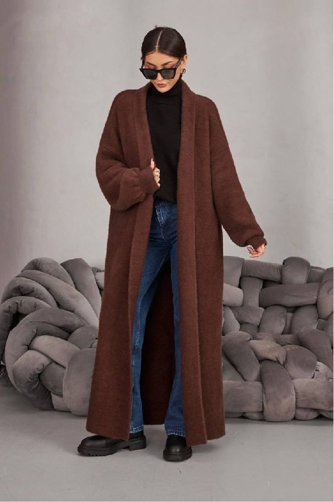 Mistix Brązowy Długi Kardigan Oversize Z Kołnierzem Szalowym Hurtowa sprzedaż odzieży Casual