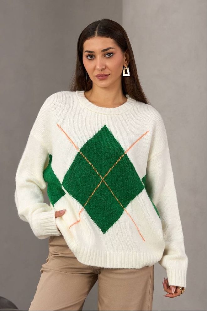 Mistix Blusa Verde Casual Vintage Com Estampa Argyle Roupas por atacado Casual