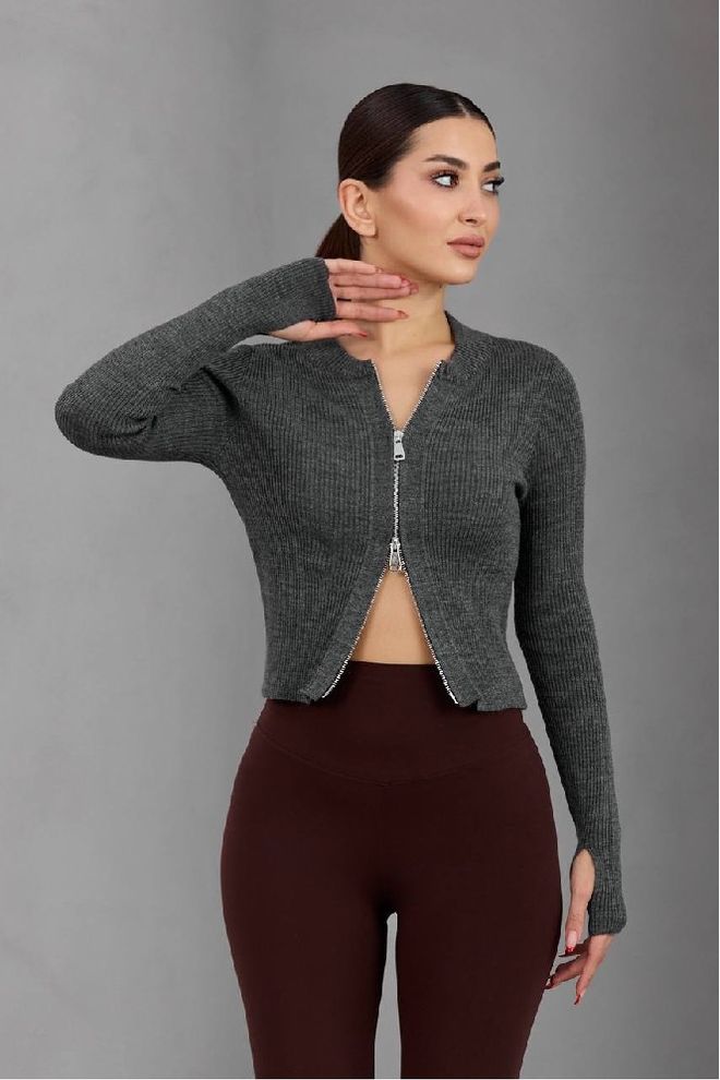Mistix Сив Slim Fit Cardigan С V образно Деколте И Цип Crop Дрехи на едро Небрежен