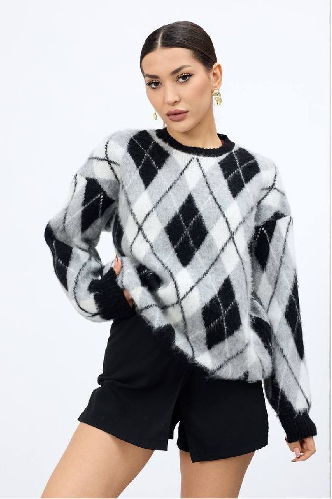 Mistix Zwarte Argyle Oversized Blouse Met Lange Rechte Mouwen Groothandel Kleding Casual