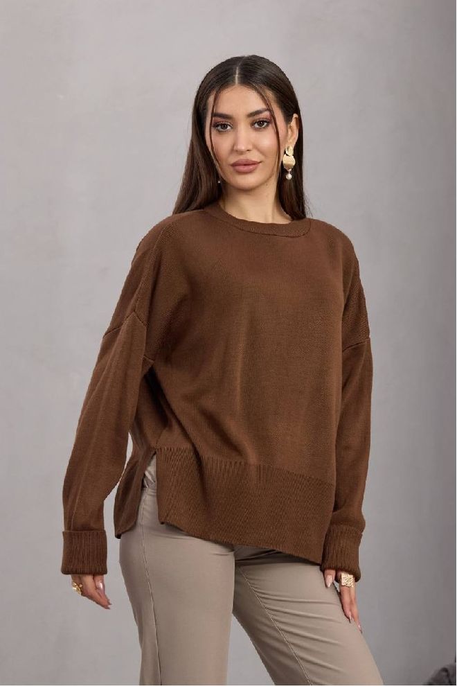 Mistix Blusa Castanha Tamanho Grande Com Decote Redondo Roupas por atacado Modesto