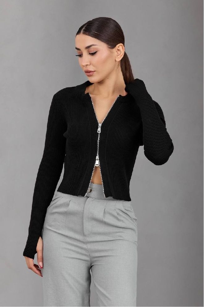 Mistix Черна Жилетка С Тесен Силует И Цип Къса Дрехи на едро Небрежен