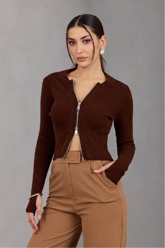 Mistix Кафяв Slim Fit Къса Жилетка С Цип Дрехи на едро Небрежен