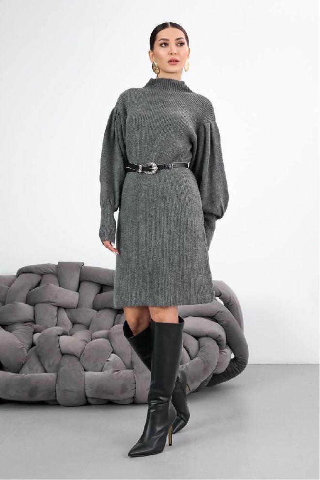 Mistix Κομψό Γκρι Πλεκτό Φόρεμα Με Ψηλή Λαιμόκοψη Χονδρικό εμπόριο ενδυμάτων Απλό