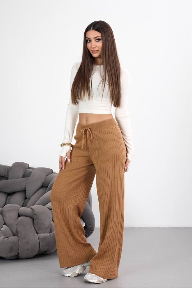 Mistix Bruine Gestreepte Palazzo Broek Met Koordsluiting Groothandel Kleding Bescheiden