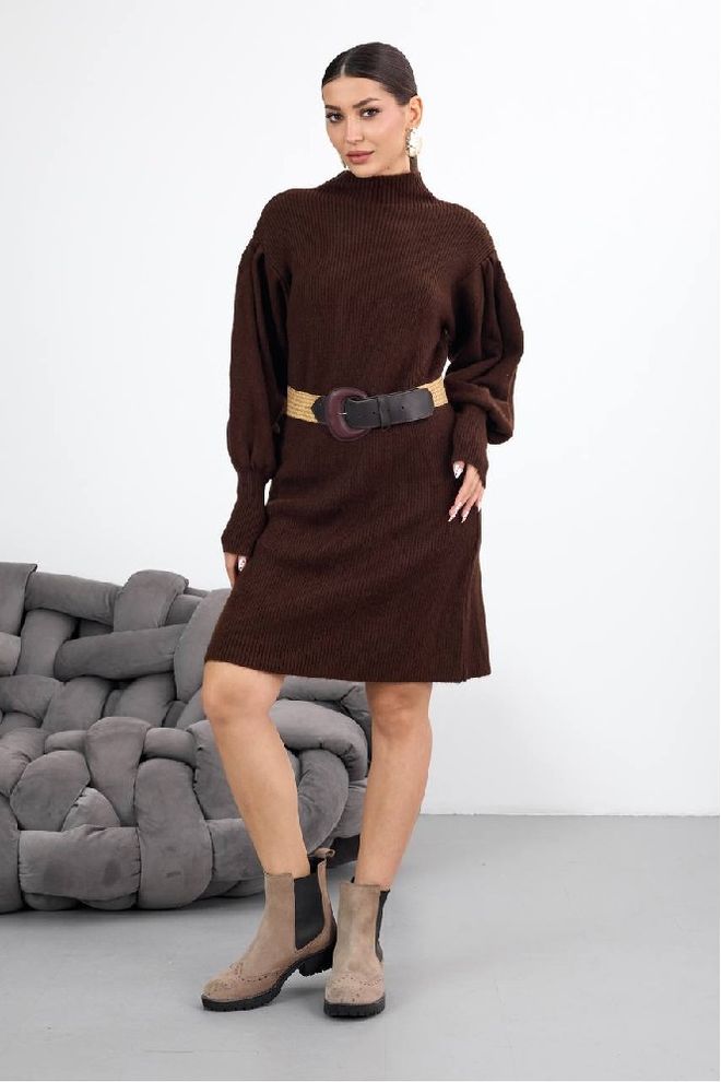 Mistix Καφέ Πουλόβερ Φόρεμα Μέχρι Το Γόνατο Με Φουσκωτά Μανίκια Και Ψηλή Λαιμόκοψη Χονδρικό εμπόριο ενδυμάτων Απλό