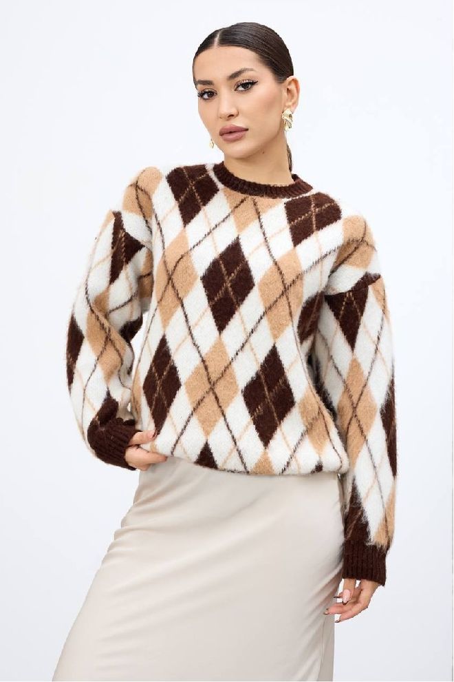 Mistix Braune Argyle Bluse Mit Langem Geradem Ärmel Und Wasserfallkragen Großhandelskleidung Lässig