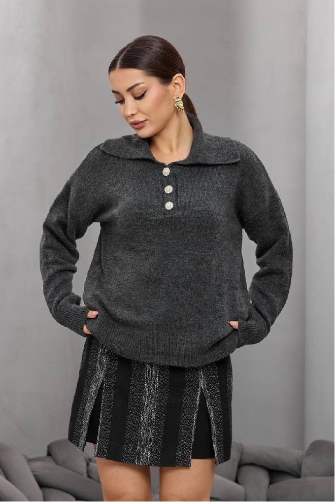 Mistix Polo Neck Charcoal Buttoned Knitwear Wholesale Clothing 0