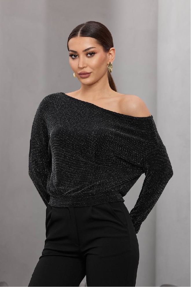 Mistix Črna Glam Elegantna Bluza Z Ovratnikom Brez Ramen Oblačila na debelo Ležerno