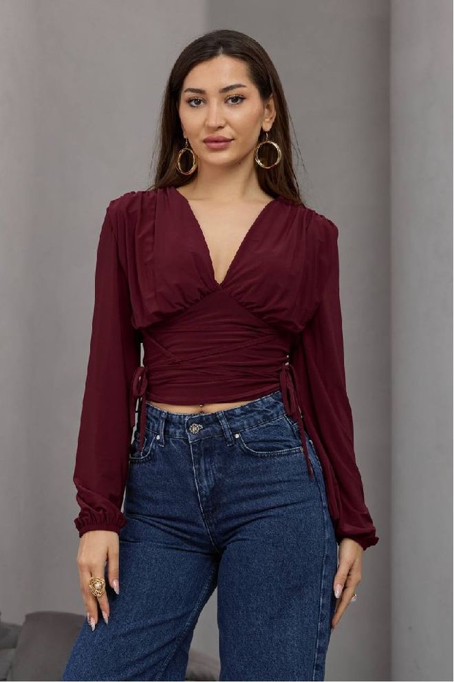 Mistix Bordo Rdeča Bluza Z Globokim Izrezom In Ozkim Krojem Oblačila na debelo Ležerno