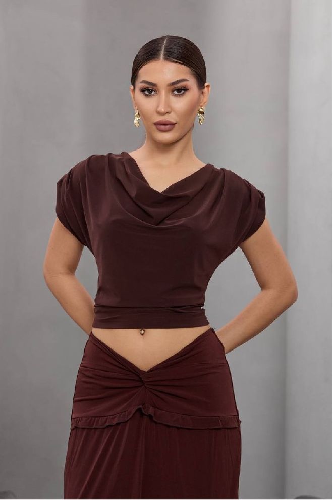 Mistix Blusa Marrón Entallada Crop Con Cuello Redondo Y Manga Casquillo Ropa al por mayor Antiguo