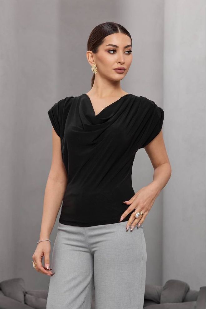 Mistix Blusa Negra Elegante Con Cuello Redondo Y Manga Casquillo Ropa al por mayor Casual