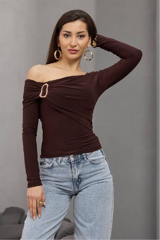 Mistix Rjava Ožja Bluza Z Ovratnikom Brez Ramen Oblačila na debelo Ležerno