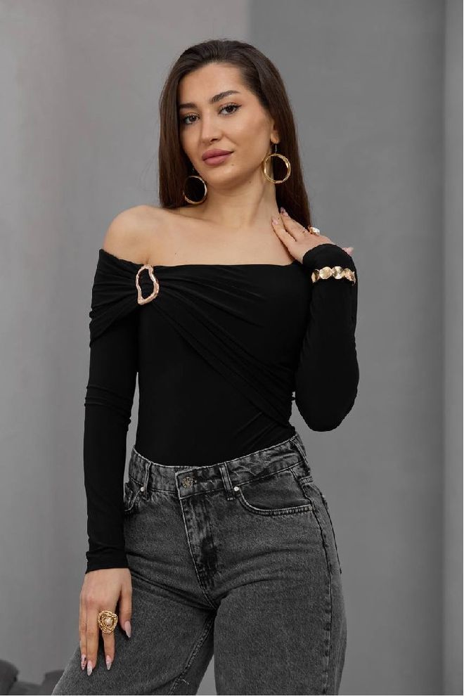 Mistix Črna Ozka Bluza Z Izrezom Brez Ramen Oblačila na debelo Ležerno