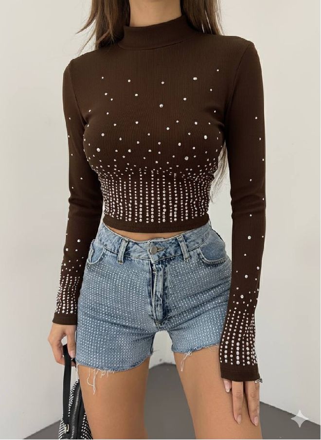Mistix Bluză Maro Slim Fit Cu Paiete Crop Și Gât Înalt Îmbrăcăminte cu ridicata Casual