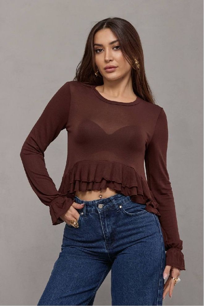 Mistix Camicetta Marrone Slim Fit Maniche Lunghe A Volant E Lunghezza Crop Abbigliamento all'ingrosso Casuale