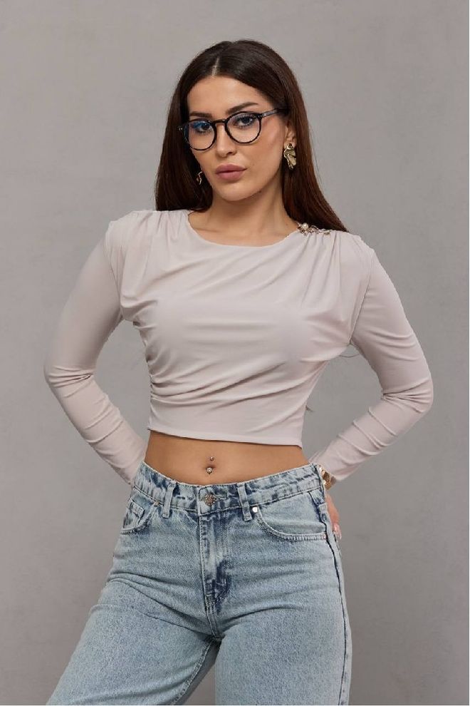Mistix Beige Slim Fit Crop Blouse With Round Neck Wholesale Clothing Casual
