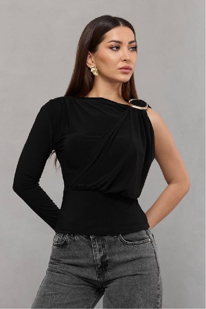 Mistix Blusa Preta Elegante Com Decote Um Ombro Roupas por atacado Vintage