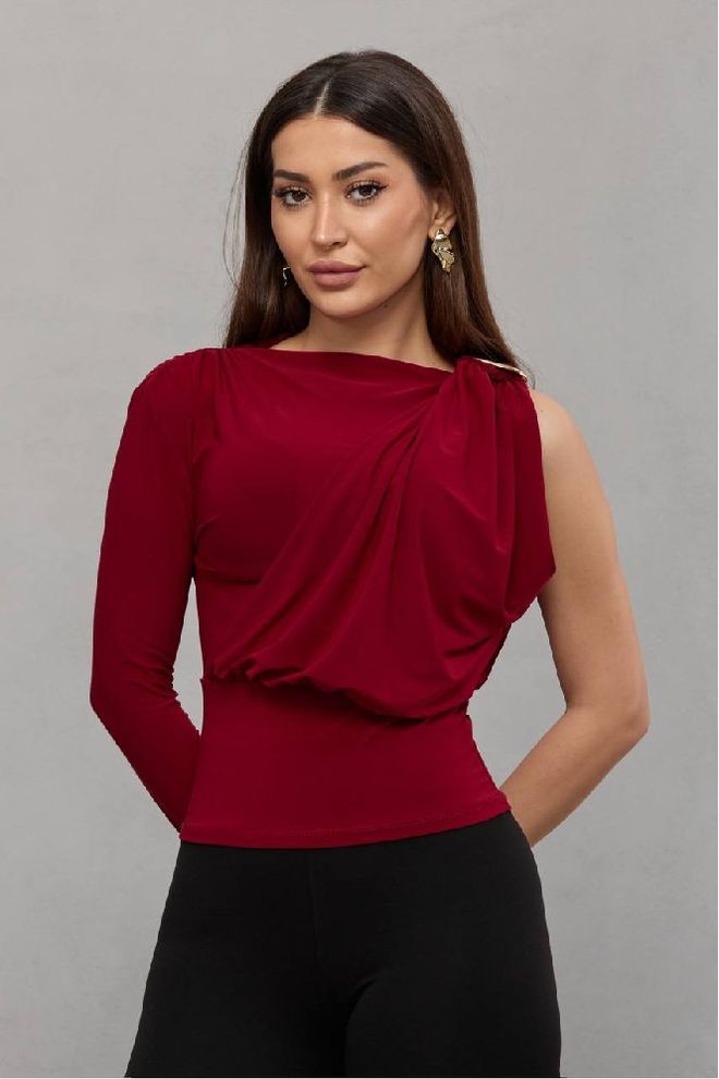 Mistix Bluză Roșu Bordo Elegantă Croială Ajustată Cu Decolteu Barcă Îmbrăcăminte cu ridicata Sexy