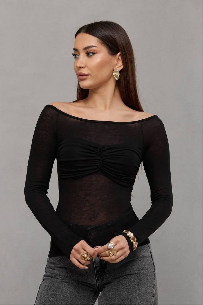 Mistix Blusa Preta Slim Fit Com Decote Ombro A Ombro Roupas por atacado Casual