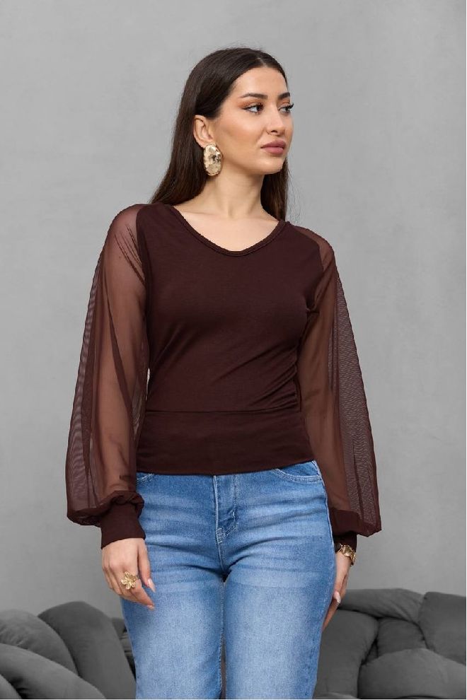 Mistix Blusa Castanha Justa Com Decote Em V E Mangas De Balão Roupas por atacado 1