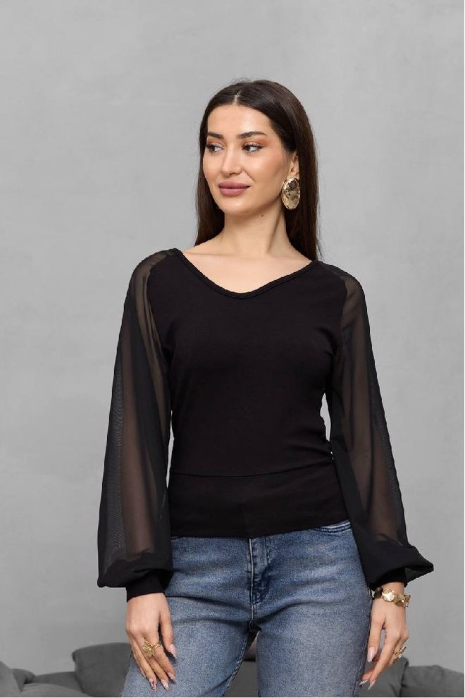 Mistix Blusa Preta Elegante Slim Fit Com Manga De Balão Roupas por atacado 1