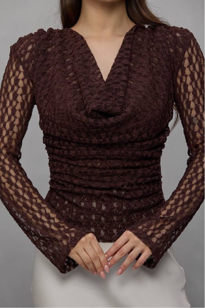 Mistix Braune Taillierte Formelle Bluse Mit Glockenärmeln Großhandelskleidung Jahrgang