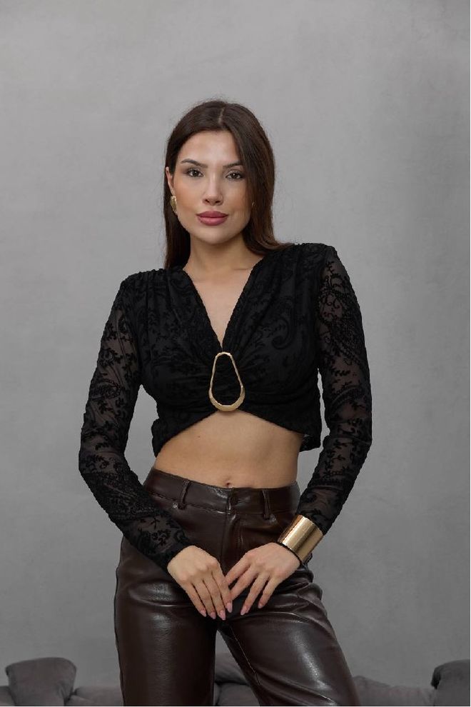 Mistix Blusa Negra Floral Slim Fit Cropped Ropa al por mayor Antiguo