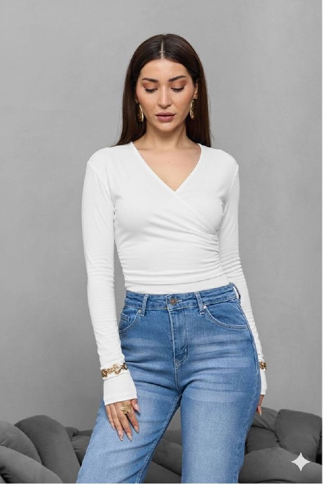 Mistix Белая Блузка Slim Fit С V образным Вырезом И Длинным Рукавом Оптовая продажа одежды Повседневный