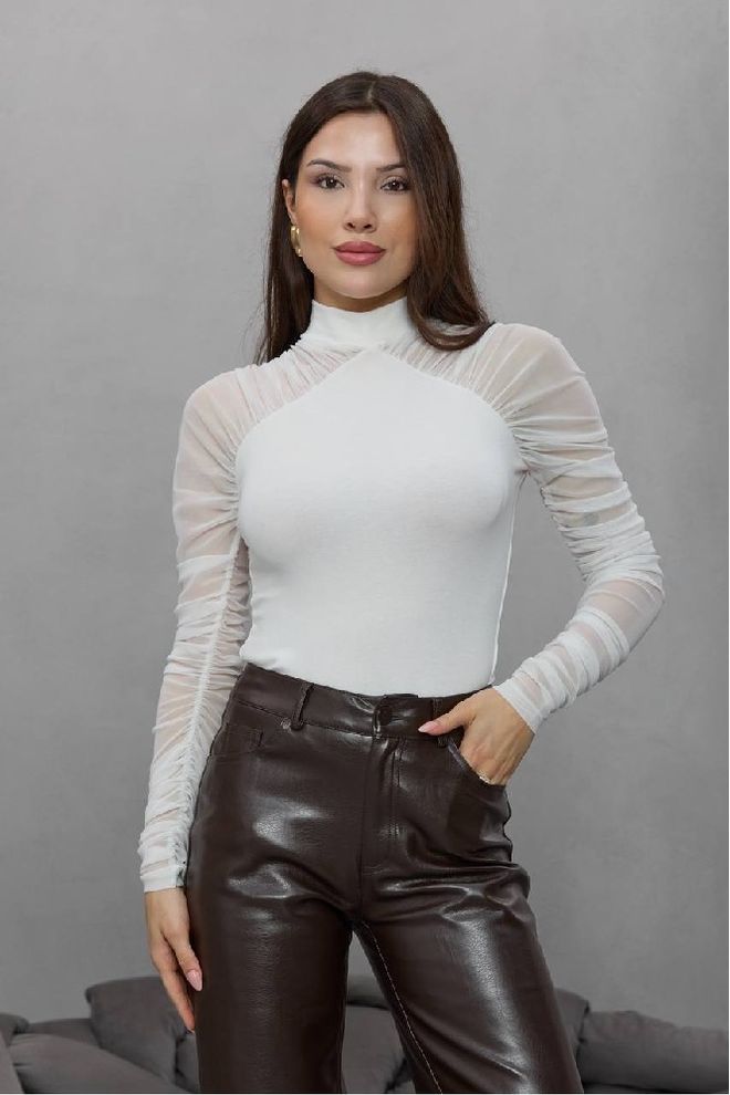 Mistix Bluză Albă Elegantă Croială Ajustată Cu Gât Înalt Îmbrăcăminte cu ridicata Casual