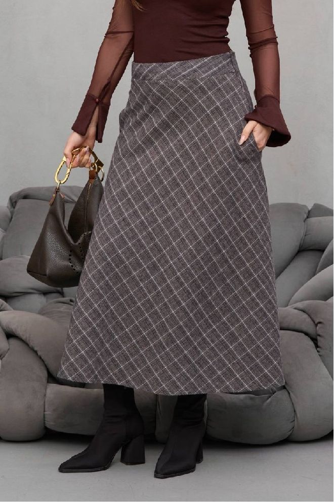 Mistix Grey Checkered A Line Midi Skirt Wholesale Clothing Casual