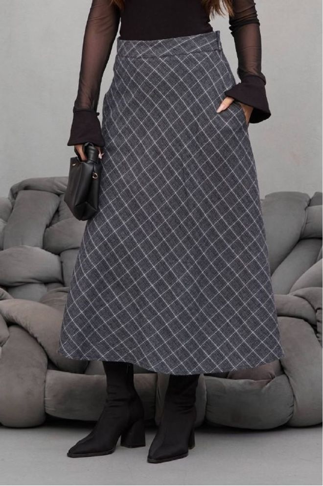 Mistix Grey Checkered A Line Midi Skirt With Slant Pocket Wholesale Clothing Casual