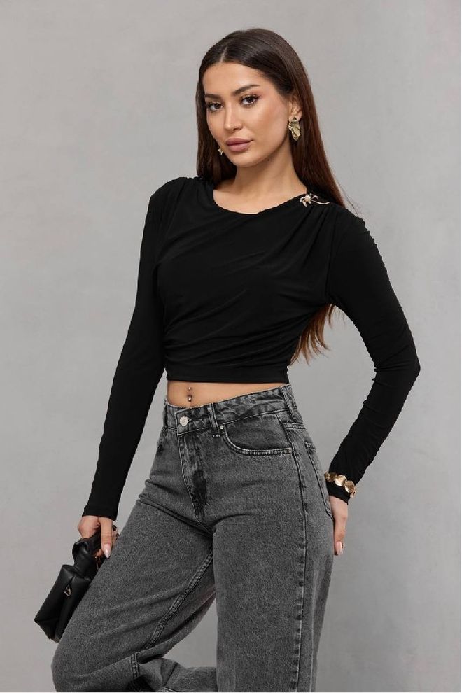 Mistix Black Slim Fit Crop Blouse With Long Straight Sleeves Wholesale Clothing Casual