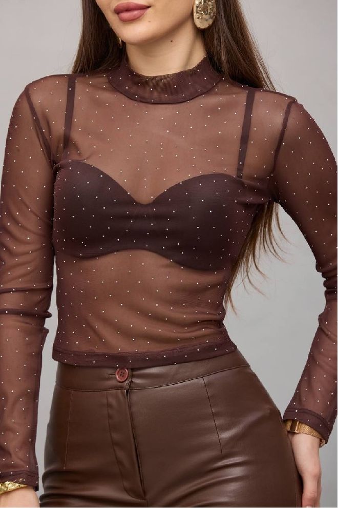 Mistix Brown Polka Dot Slim Fit Blouse Wholesale Clothing Sexy