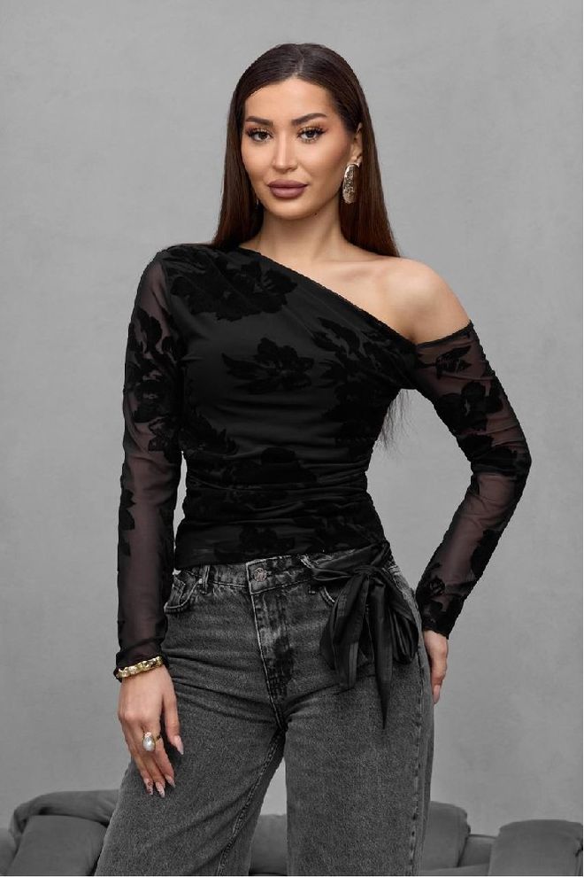 Mistix بلوزة أسود رقبة بكتف واحد تركيب مزخرفة بالأزهار ملابس بالجملة جنسي
